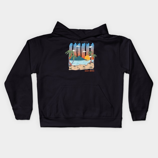 Vintage Beach Sunset  Great Waves Vacation Surfing Paradise Kids Hoodie by Msafi